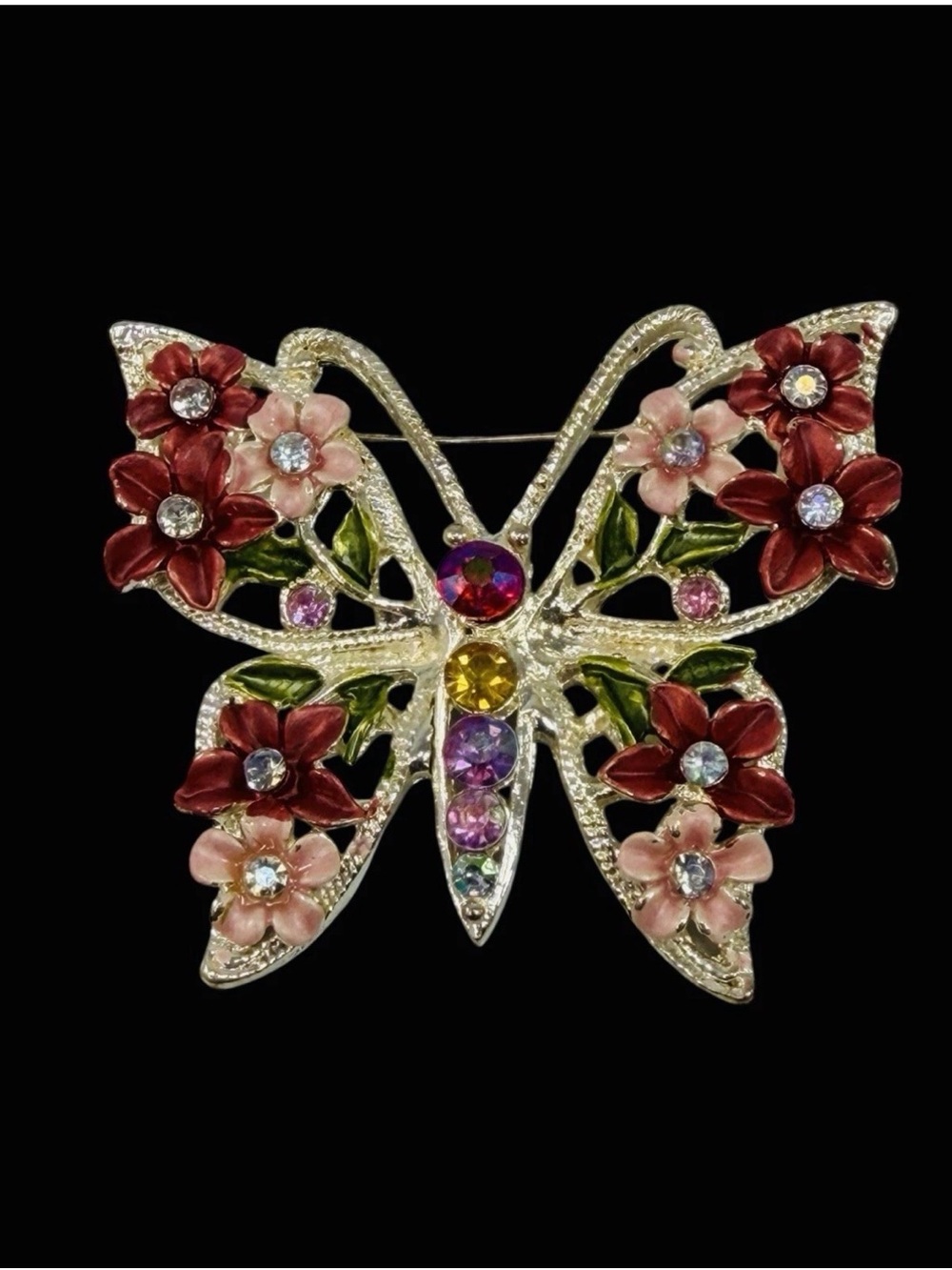 Vintage Butterfly Brooch Pin Enamel Rhinestone Silver Tone Pink Burgundy Purple
